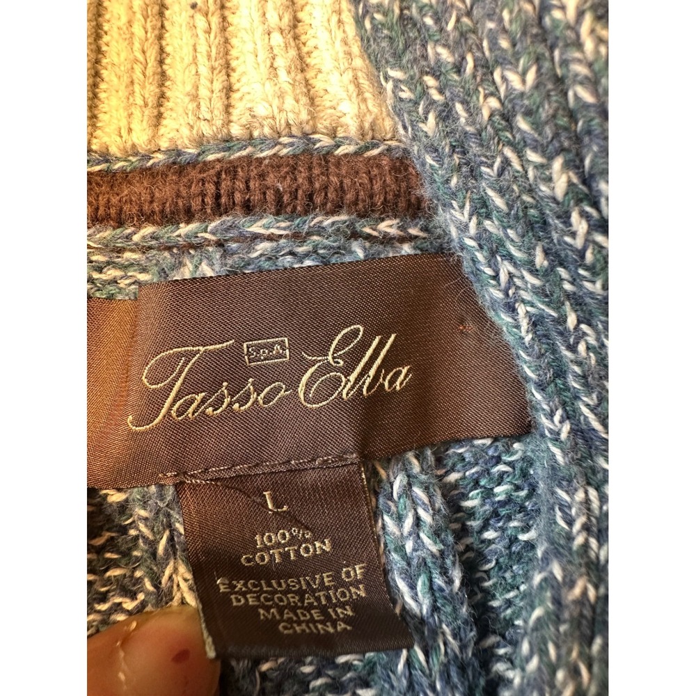 Tasso Elba Mens Blue Marled Cable Knit Mock Neck Button Cotton Sweater Large - Picture 3 of 8